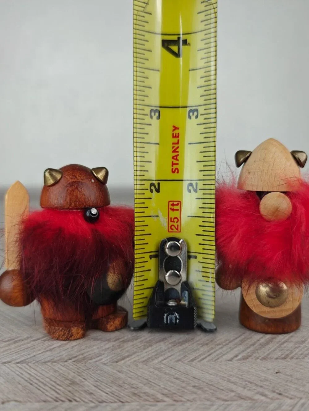 Vintage Lot Of 2 Miniature Teak Wooden Viking Figurines Helmets Swords Denmark